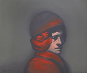 Oil on canvas painting by Rafael Coronel, titled Man in Red (est. $8,000-$12,000).