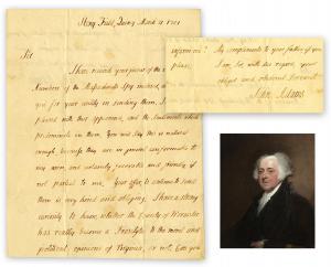 John Adams wrote an autograph letter, signed and dated March 31, 1801, regarding the influence of Virginia Democrats (est. $7,000-$8,000).