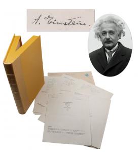 There are three lots related to Albert Einstein in the sale. One is a remarkable script from the mid-1940s NBC TV series Your World Tomorrow, dramatizing Einstein’s discovery of E=MC2  and signed as “A. Einstein” (est. $40,000-$50,000).