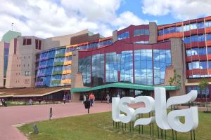 Isala Hospital's facade includes lots of glass with rainbow-colored walls