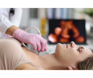 This image shows someone with pink gloves providing cardiovascular sonography on another person.