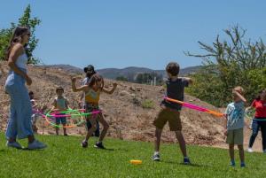 Children playing outdoor games on a grassy lawn.