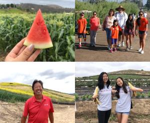 Collage of 4 photos. Upper left is a photo of a slice of watermelon being held up in front of a corn field. Upper right is a group of seven walkers. Lower left is Farmer Glenn Tanaka smiling while wearing a red Walk th Farm polo shirt. Lower right are two