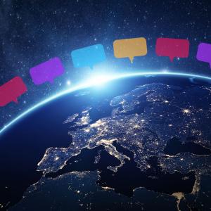 An image of the world with various speech bubbles - signifying the international casting capabilities of Voquent's Omni-bar casting tools.