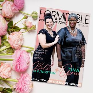 images of flowers on far left with magazine cover featuring a black and white women smiling