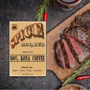 spice label with steak on cutting board in the background