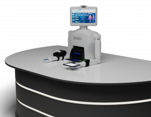 Illustrative rendering of a DARCI kiosk deployed at a front desk to streamline patient check-in.