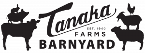 Back logo of silhouettes of barnyard animals with the words Tanaka Farms Barnyard in the center.