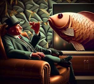 Playful fish emerging from TV screen, bringing a whimsical touch to your surroundings.