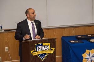 Rep. Jimmy Panetta (D-Calif.) congratulates winning student-faculty teams from Monterey County high schools during the second annual Rapid Innovation Design Challenge at the Naval Postgraduate School (NPS). Students from Salinas, Monterey and Pacific Grov