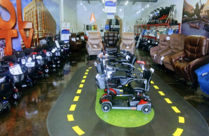 Indoor Photo of the Showroom featuring a Test Track for customers to gain experience with products like a rollator/walker, wheelchair, scooter, etc.