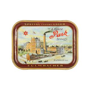 Kuntz Park Brewery Waterloo beer tray (Canadian. 1900), lithographed tin, with vibrant colors and rare factory scene, 11 inches by 15 inches, very clean (est. $12,000-$15,000).