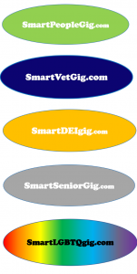 Stack of five logos for SmartPeopleGig.com, SmartVetGig.com, SmartDEIgig.com, SmartSeniorGig.com, and SmartLGBTQgig.com.