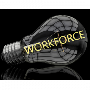 Image of a clear lightbulb, showing the filament, superimposed with the word "Workforce".