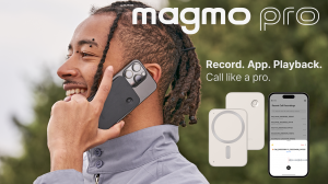 Shows a man smiling and holding his phone to his hear. On the back of the phone, you can see Magmo Pro and on the right side of man you can the device's supporting app and two images of Magmo Pro (front and back).