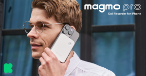 Image shows a man holding his phone with Magmo Pro on the back of it. At the top of the image, you can see Magmo Pro's logo with the word "Call Recorder for iPhone". At the bottom, you can see Kickstarter's logo.