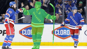 The New York Rangers' Chris Kreider celebrates a goal.  With SPAT's interactive image technology, viewers can now click on Kreider's likeness to learn more about him, click on his Rangers jersey to make a purchase, or click on the Clorox logo on the dashe