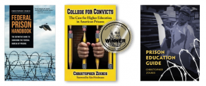 Three images of Christopher's Zoukis' book covers, Federal Prison Handbook, College for Convicts and Prison Education Guide