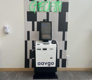 An Aavgo kiosk designed to help guests access hotel services.