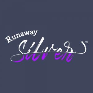 A purple and white Runaway Silver™ logo on a dark blue background. Designed by Simpatico Studios.