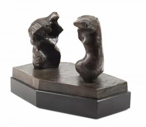 Bronze sculpture on a black marble base by Henry Spencer Moore (British, 1898-1986), titled Two Torsos, depicting two torsos in movement, 6 ¾ inches tall, signed (est. $20,000-$30,000).