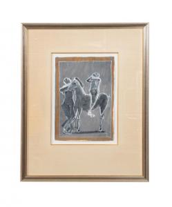 Mixed media and tempera on wove paper by Marino Marini (Italian/Swiss, 1901-1980), titled Cavallo e Cavaliere, depicting two figures and a horse, pencil signed (est. $20,000-$30,000).