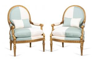 Pair of exquisitely carved giltwood fauteuils (or armchairs in the Louis XVI taste), attributed to Georges Jacobs (French, 1749-1814), with blue and cream upholstery (est. $6,000-$10,000).