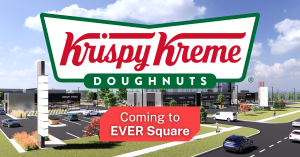 Krispy Kreme logo over top of EVER Square rendering photo with line that reads "Coming to EVER Square"