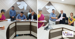 Vibha signs an MoU with Gujarat Government. Present at the signing were Vijay Vemulapalli, Secretary and Board Member of Vibha; Shri Mahesh Mehta, Secretary, Samagra Shiksha, Gujarat State Government; Rama Nandanavanam, Senior Director of Operations, Guja