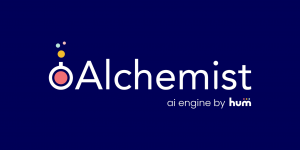 Alchemy alembic with word "Alchemist" on blue background
