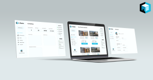 Three screenshots of the e-States platform, previewing the investor dashboard, marketplace, and account settings.