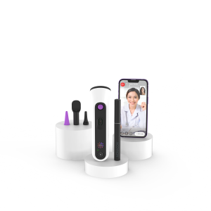 Image shows the pieces of the Nonagon Care Kit.  This includes N9+ device, Otoscope, adult and child specula, tongue depressor.  It also shows a picture of an app that allows for connection to telehealth sservices