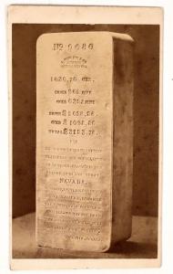 Carte de visite of a Comstock ingot made by E. Ruhling & Co., assayers during Franco-Prussian War, weighing 1630.7 troy oz. with silver at 962 fine and gold at 32.5 fine (est. $1,000-$2,000).