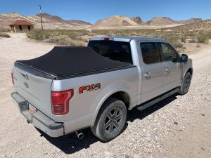 An expanded Sawtooth Tonneau on Silver Ford F-150 in Rhyolite Nevada