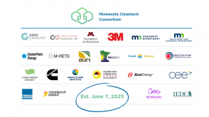 logos of businesses and organizations supporting Minnesota Cleantech Consortium - 3M, Agricultural Utilization Research Institute (AURI), Barr Engineering Co., Center for Energy and Environment, CenterPoint Energy, Clean Energy Economy Minnesota (CEEM), C