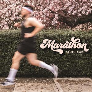 Cover of Daniel James' Album, Marathon.  Daniel is running from right to left with jogging attire