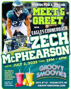 Promotional flyer for Zech McPhearson special event at Groovy Smoovies
