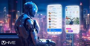 An AI robot interacting with multiple screens displaying the Uhive social network interface, symbolizing the collaboration between Uhive and AI ChatGPT.