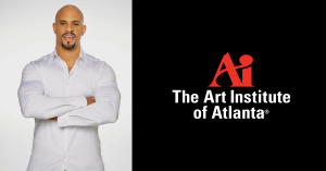 Pictured is Atlanta-based renowned motivational speaker, Jeremy Anderson, along with the logo for The Art Institute of Atlanta to his right.