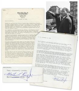 Two-page typed letter signed by Martin Luther King, Jr., dated Nov. 13, 1958, while King was recuperating from an assassination attempt and planning a trip to the Soviet Union to observe Soviet attitudes towards people of color (est. $50,000-$75,000).