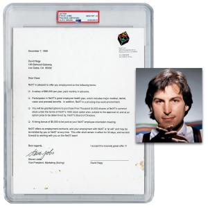 One-page typed letter signed Steve Jobs, PSA/DNA slabbed and graded GEM Mint 10. Jobs addressed the December 7, 1989 job offer to David Nagy, an Apple product manager (est. $25,000-$30,000).