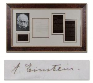 One-page typed letter in German signed by Albert Einstein and dated April 23, 1932, recounting to a fellow physicist how the former’s “latest results in general relativity” and recent astronomical study had changed his views on the universe (est. $15,000-