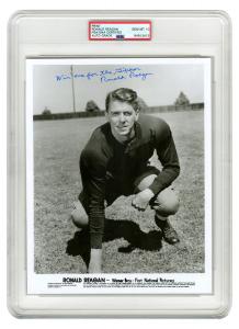 Vintage Warner Brothers press photo of a young Ronald Reagan in football gear, signed by him as “Win one for the Gipper / Ronald Reagan,” PSA/DNA slabbed and graded GEM Mint 10 (est. $15,000-$20,000).