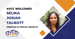 Photo of Selika Josiah Talbott, AVCC logo, and the words "AVCC Welcomes Selika Josiah Talbott, Director of Special Projects"
