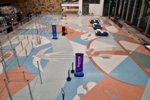 The terrazzo floor depicts Native American symbols. 