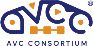 The letters AVCC made into a car shape in purple and orange to make AVCC logo