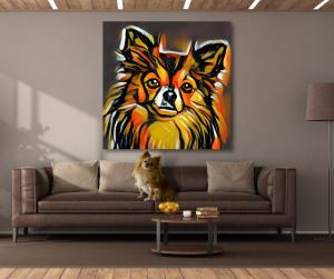 Long hair pet chihuahua dog pet portrait staged hanging in home decor