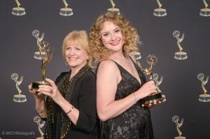 Photo at the regional EMMYs of Dr. Elisabeth Montgomery and Melody C. Miller captured the Regional EMMY Award for their documentary, "ruth weiss, the beat goddess."