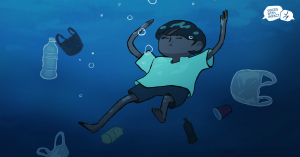 Animated image of a kid underwater in the ocean surrounded by marine debris with Voices With Impact logo in the top right corner.