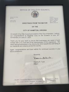 City of Hampton letter of congratulations for 20 years